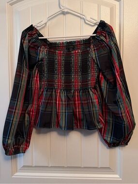 J. Crew Black Plaid Smocked Off-Shoulder Top with Red and Blue Stripes